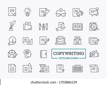 Copywriting line icon set. Simple related lineal symbols of pen, idea, document, book, content, professional knowledge, expert, text corrections isolated on white