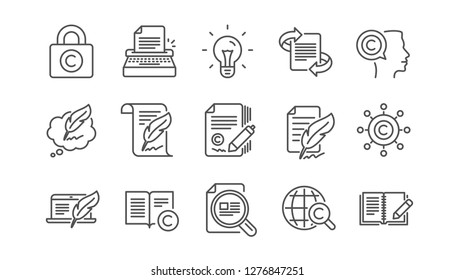 Copywriting line icons. Copyright, Typewriter and Feedback. Legal content linear icon set.  Vector