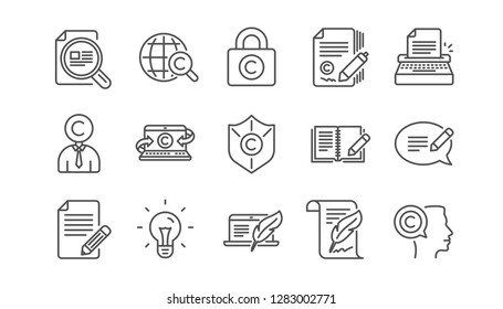 Copywriting line icons. Copyright, Typewriter and Feedback. Legal content linear icon set.  Vector