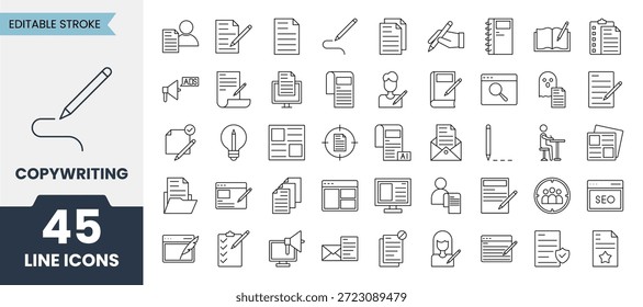 Zeilensymbole mit editierbarem Strich kopieren. Enthält Symbole zu Artikeln, Storytelling, Marketing, SEO, Texter, Content-Writing, Blog und mehr. Vektorgrafik