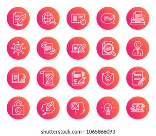 Copywriting line icons. Set of Ð¡opyright protection, Signature and Feedback signs. Typewriter, Idea and Speech bubble message symbols. Trendy gradient circle buttons. Quality design elements. Vector