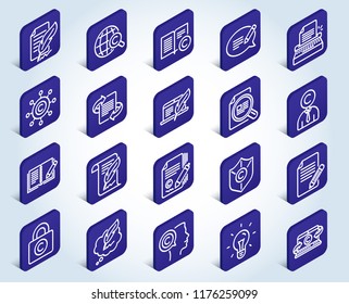 Copywriting line icons. Set of Ð¡opyright protection, Signature and Feedback signs. Typewriter, Idea and Speech bubble message symbols. Flat design isometric buttons. 3d design concept. Vector