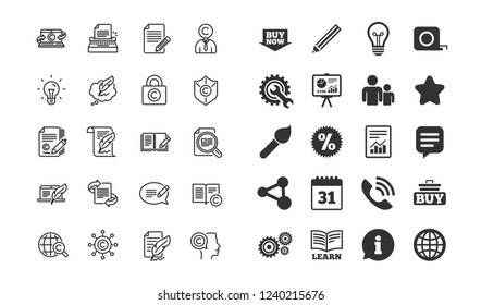 Copywriting line icons. Set of Ð¡opyright protection, Signature and Feedback signs. Typewriter, Idea and Speech bubble message symbols. Information, calendar and call phone icons. Vector