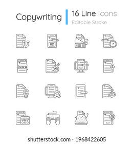 Lineare Symbole kopieren eingestellt. Zielgruppe. Professionelles Kopieren. Website-Inhalt. Anpassbare Dünnlinienkontursymbole. Einzige Vektorgrafik-Rahmenillustrationen. Bearbeitbarer Hub