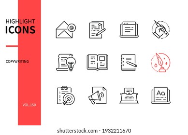 Copywriting - modern line design style icons set. Content management, social media and promotion concept. Email, writing, text, pen, idea, book, notepad, ink, plan, announcement, typewriter, font