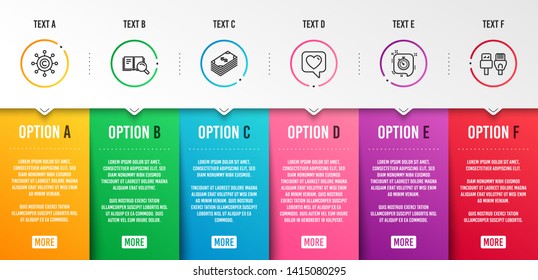 Copywriting network, Heart and Timer icons simple set. Dollar, Search book and Computer cables signs. Content networking, Like rating. Business set. Infographic template. 6 steps timeline. Vector