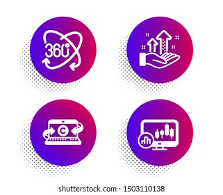 Copywriting notebook, Full rotation and Analysis graph icons simple set. Halftone dots button. Candlestick chart sign. Writer laptop, 360 degree, Targeting chart. Report analysis. Science set. Vector
