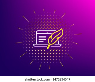 Copywriting notebook line icon. Halftone pattern. Copyright feather sign. Media content symbol. Gradient background. Copyright laptop line icon. Yellow halftone pattern. Vector