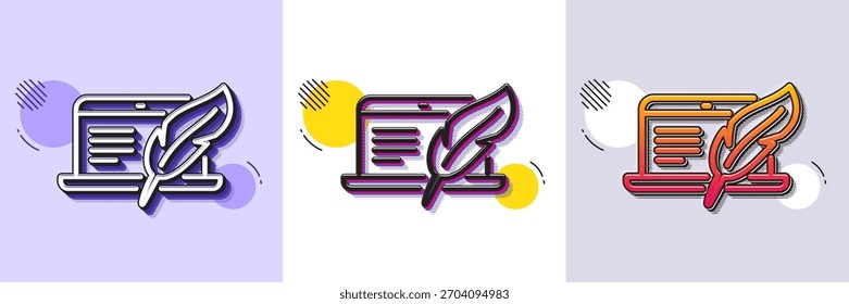 Icono de línea de cuaderno de redacción. Patrón punteado de semitono. Icono de degradado con sombra de grano. Signo de pluma de Derechos de autor. Símbolo de contenido multimedia. Icono de la computadora portátil de Derechos de autor de línea. Varios diseños. Vector