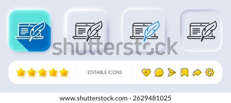 Copywriting notebook line icon. Neumorphic, Flat shadow, 3d buttons. Copyright feather sign. Media content symbol. Line copyright laptop icon. Social media icons. Vector