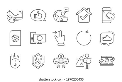 Copywriting notebook, Spanner and Touchscreen gesture line icons set. Sharing economy, Computer mouse and Synchronize signs. Feedback, File management and Scroll down symbols. Line icons set. Vector