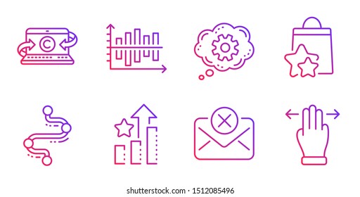 Copywriting notebook, Timeline and Ranking stars line icons set. Cogwheel, Loyalty points and Diagram chart signs. Reject mail, Multitasking gesture symbols. Writer laptop, Journey path. Vector