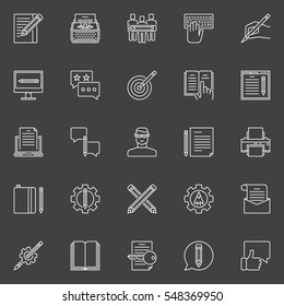 Copywriting outline icons. Vector collection of web content writing linear creative signs on dark background 