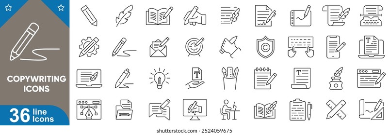 Copywriting outline web icons set. Content, article, SEO, typing, pen, marketing, editing, blog writing and more. vector illustrator.