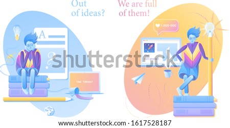 Copywriting process. Copywriter composes ideas, writes texts, creates quality content and promotion. Banner for Studio or Freelance. Vector illustrations.