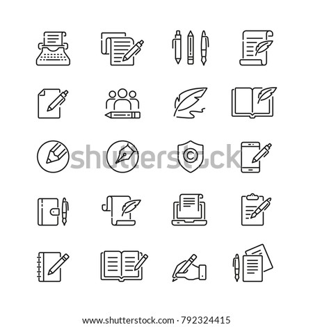 Copywriting related icons: thin vector icon set, black and white kit
