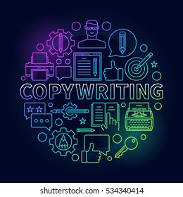 Copywriting round bright illustration. Vector colorful sign made with outline writing and blogging icons and word copywriting on dark background