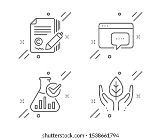 Copywriting, Seo message and Chemistry lab line icons set. Fair trade sign. Ð¡opyright signature, Support chat, Laboratory flask. Safe nature. Business set. Line copywriting outline icon. Vector