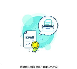 Copywriting sign. Certification complex icon. Typewriter line icon. Writer machine symbol. Certificate or diploma document. Typewriter sign. Vector