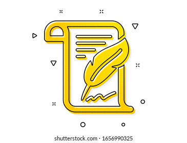 Copywriting sign. Feather signature icon. Feedback symbol. Yellow circles pattern. Classic feather icon. Geometric elements. Vector