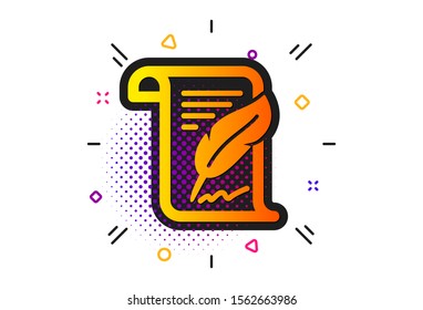 Copywriting sign. Halftone circles pattern. Feather signature icon. Feedback symbol. Classic flat feather icon. Vector
