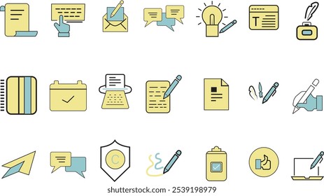 Copywriting symbols. Identity writers pen blog coding social content service production books letters articles vector flat colored icon.