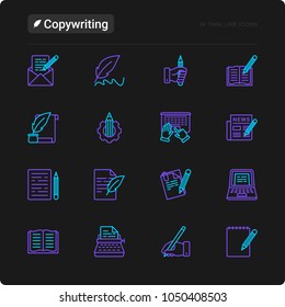 Copywriting thin line icons set: letter, e-mail, book, blogging, hand with pen, feather, typewriter, article, seo. Modern vector illustration for black theme.