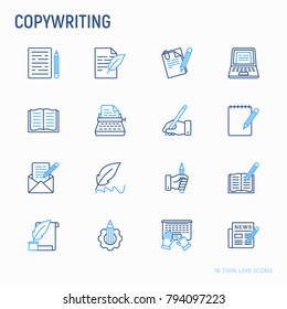 Copywriting thin line icons set: letter, e-mail, book, blogging, hand with pen, feather, typewriter, article, seo. Modern vector illustration.