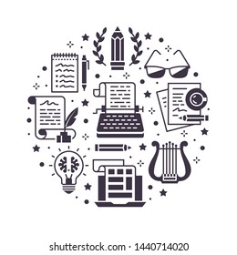 Copywriting vector circle banner with flat icons. Writer typing text, social media content, creative idea, typewriter illustrations. Thin signs storytelling workshop poster isolated white background.