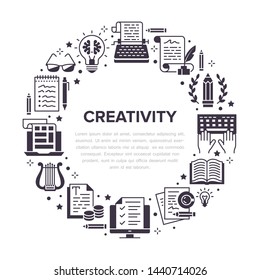 Copywriting vector circle banner with flat icons. Writer typing text, social media content, creative idea, typewriter illustrations. Thin signs storytelling workshop poster isolated white background.
