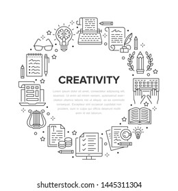 Copywriting vector circle banner flat line icons. Writer typing text, social media content, creative idea, typewriter illustrations. Thin signs storytelling workshop poster isolated white background.