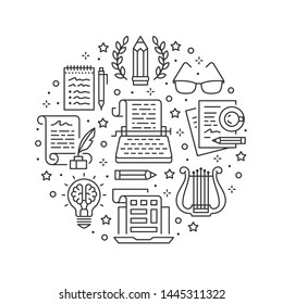 Copywriting vector circle banner flat line icons. Writer typing text, social media content, creative idea, typewriter illustrations. Thin signs storytelling workshop poster isolated white background.