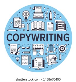 Copywriting vector circle banner flat line icons. Writer typing text, social media content, creative idea, typewriter illustrations. Thin signs storytelling workshop poster blue background.