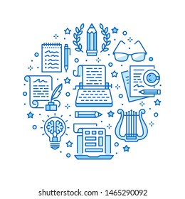 Copywriting vector circle banner flat line icons. Writer typing text, social media content, creative idea, typewriter illustrations. Thin signs storytelling workshop poster blue background.