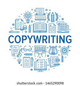 Copywriting vector circle banner flat line icons. Writer typing text, social media content, creative idea, typewriter illustrations. Thin signs storytelling workshop poster blue background.