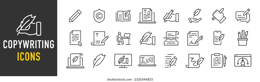 Copywriting web icons in line style. Document, writing, creative, signature, collection. Vector illustration.