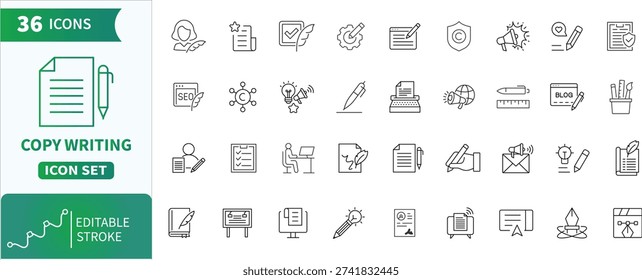 Copywriting web Line Icons Set. Content writing,writing, article, document,research, storytelling Collection .Editable Stroke. Vector Illustration.