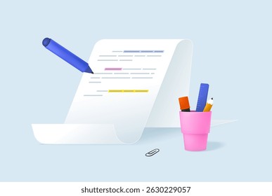 Redação, redação. Vetor de papel 3d com texto e papel de carta realçados. Edição, revisão de texto, conceito de correção de documento. Educação, dever de casa. Ilustração isolada de vetor