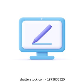 Copywriting, writing icon. Computer and pencil. Creative writing and storytelling, education concept. Writing education concept. 3d vector illustration. 