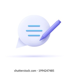 Copywriting, writing icon. Document concept. Speech bubble, text and pencil. 3d vector illustration. 