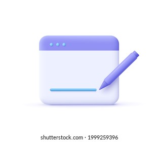 Copywriting, writing icon. Document concept. Web page and pencil. 3d vector illustration. 