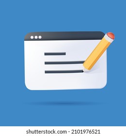 Copywriting, writing icon. Document concept. Web page and pencil. 3d vector illustration. Editable online document concept. Creative writing, storytelling, copywriting, online education. 3D free edit