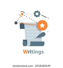 Copywriting, writing icon. Document and feather pen. Creative writing and storytelling, education concept