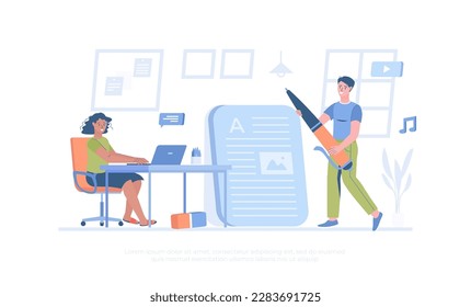 Copywriting. Writing web pages, ads, promotional, make valuable content. Effective online marketing. Cartoon modern flat vector illustration for banner, website design, landing page.	
