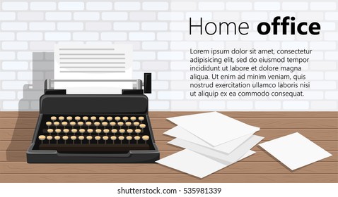 Copywriting.Retro typewriter with paper sheet Workplace with typewriter. Flat design.Writing a blog