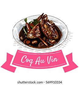 Coq au Vin colorful illustration. Vector illustration of French cuisine.