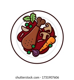 Coq au vin dish on plate high angle view isolated vector illustration. French cuisine color symbol.