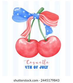 Coquette 4th of July Cherry with stars and stripes ribbon Bow Watercolor.