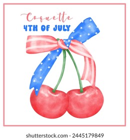 Coquette 4th of July Cherry with stars and stripes ribbon Bow Watercolor.