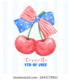 Coquette 4th of July Cherry with stars and stripes ribbon Bow Watercolor.